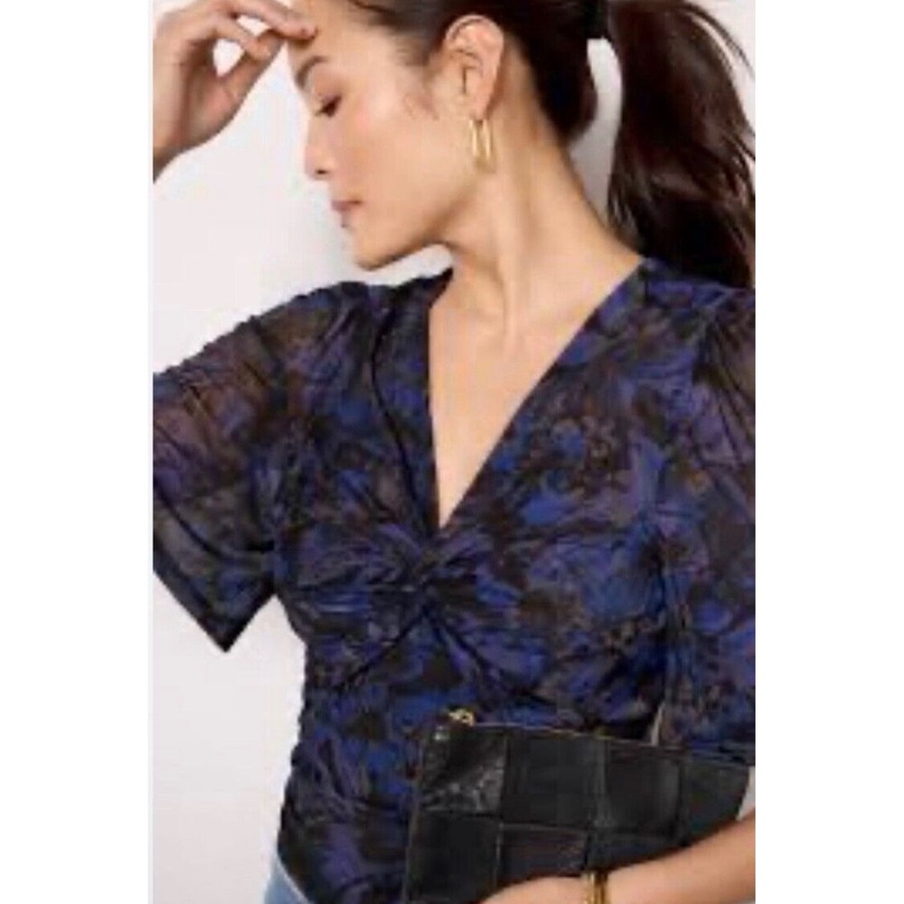 Evereve Mya Twist Front Top Small Blue Black Mesh Floral Ruched V-Neck MSRP $78